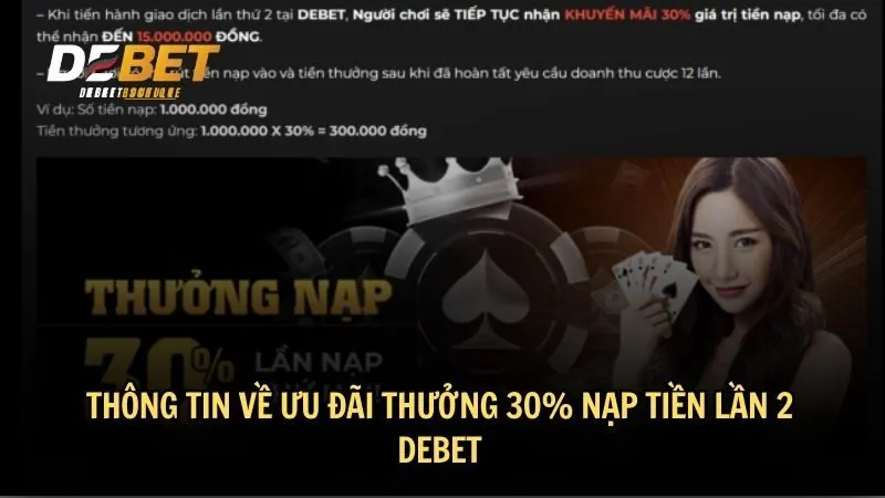 Thông tin về ưu đãi thưởng 30% nạp tiền lần 2 DEBET